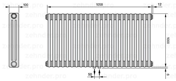 Схема (чертеж) Радиатор Zehnder Charleston 3100/23 №5410 Белый глянцевый RAL 9016